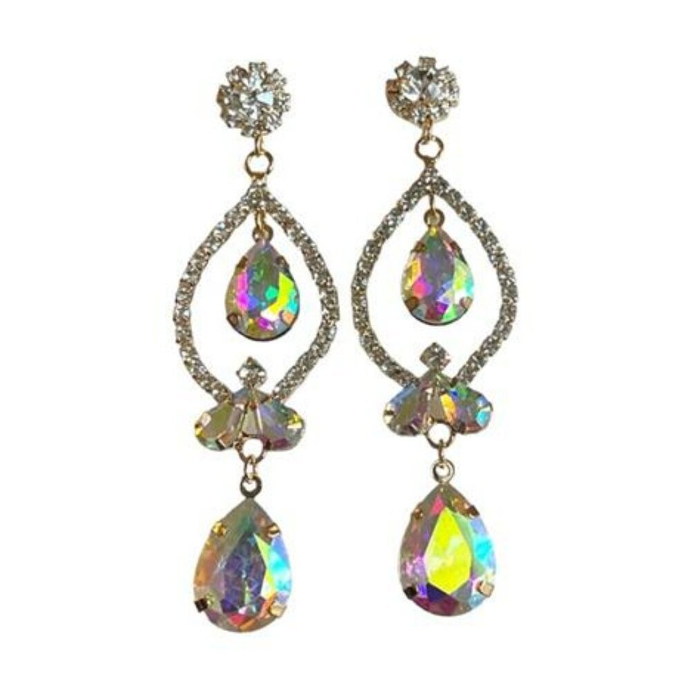 Silver Crystal AB Rhinestone Earrings Dangle Drop Statement Bridal Prom Jewelry